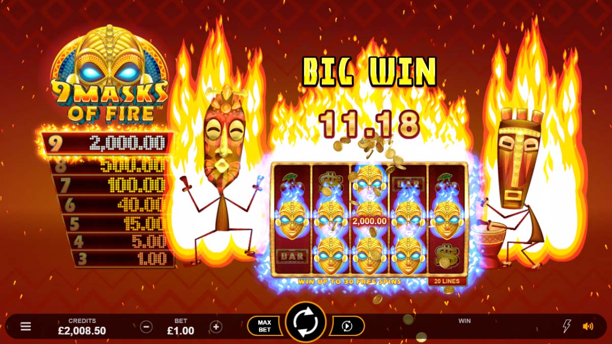 Screenshot of the 9 Masks of Fire slot by Microgaming