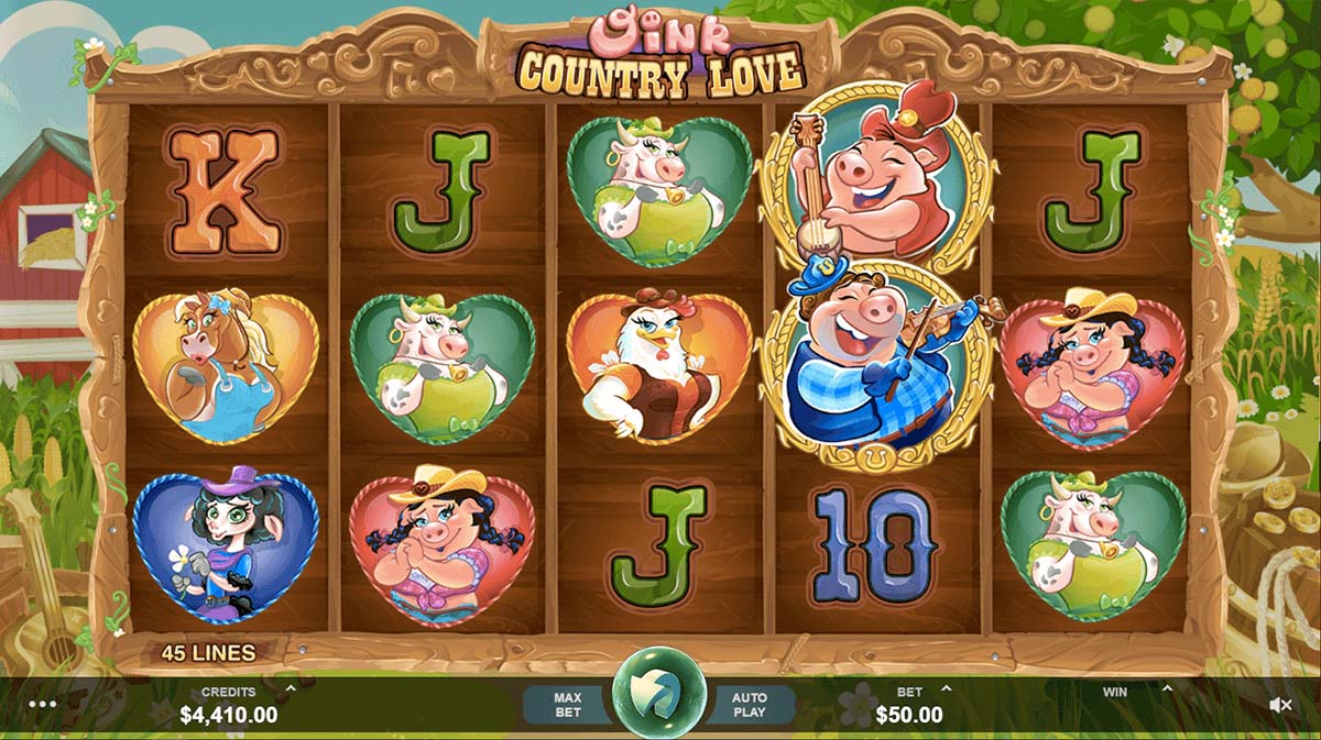 Screenshot of the Oink Country Love slot by Microgaming