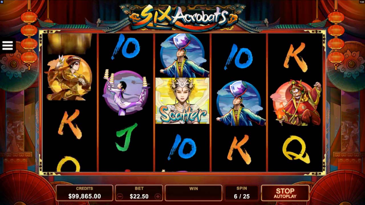 Screenshot of the Six Acrobats slot by Microgaming