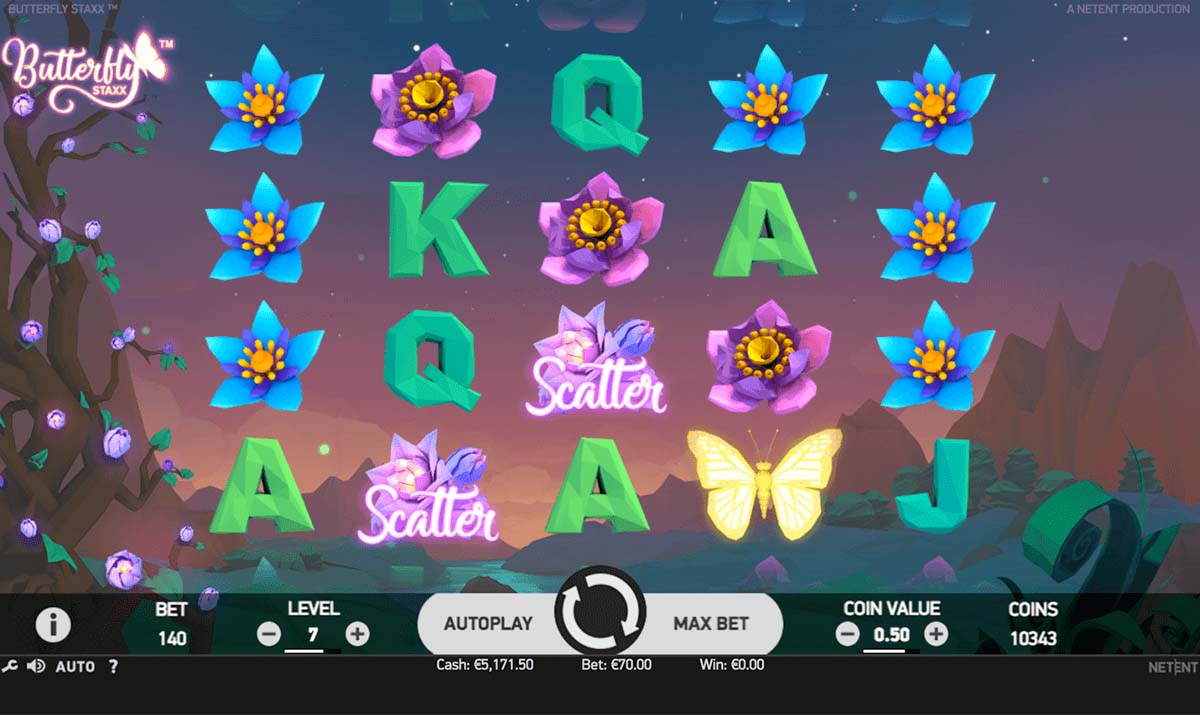 Screenshot of the Butterfly Staxx slot by NetEnt