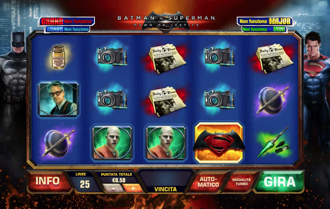 Screenshot of the Batman V Superman Dawn of Justice slot by Playtech